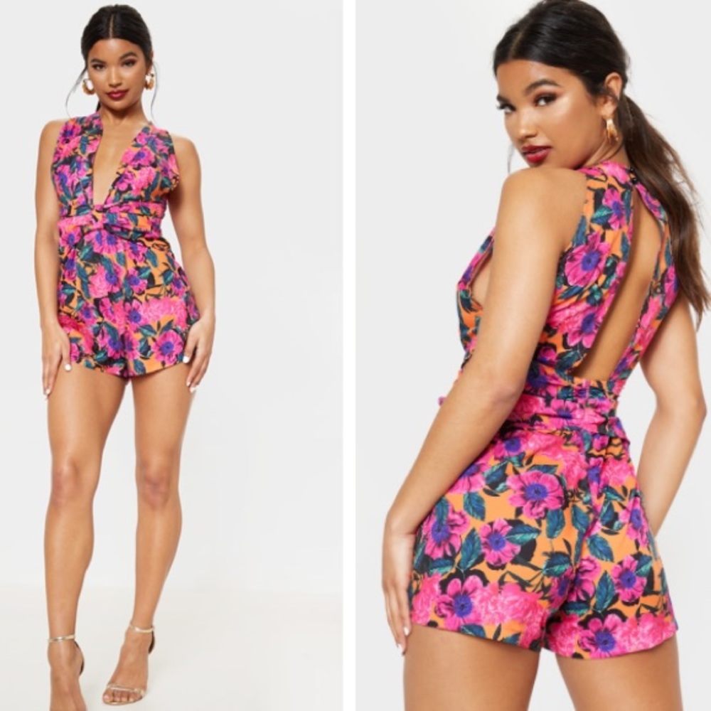 Multi Floral Print Plunge Pleated Waist Romper
